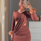 Newme Brown Feather Cuff Mini Dress