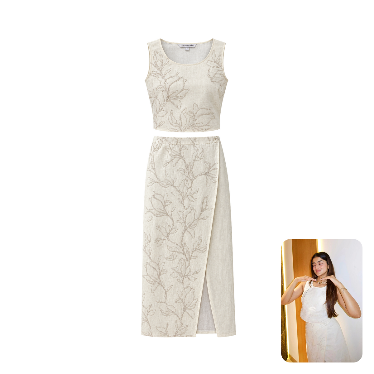 Contemponari Florence White Slit Skirt Set