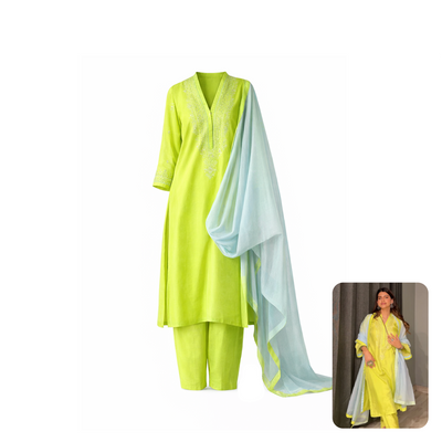 Inching India Lime Embroidered Contrast Suit